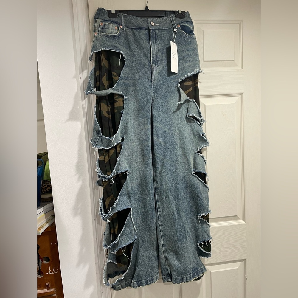 Unique Distressed Denim Pants with Camo Accents